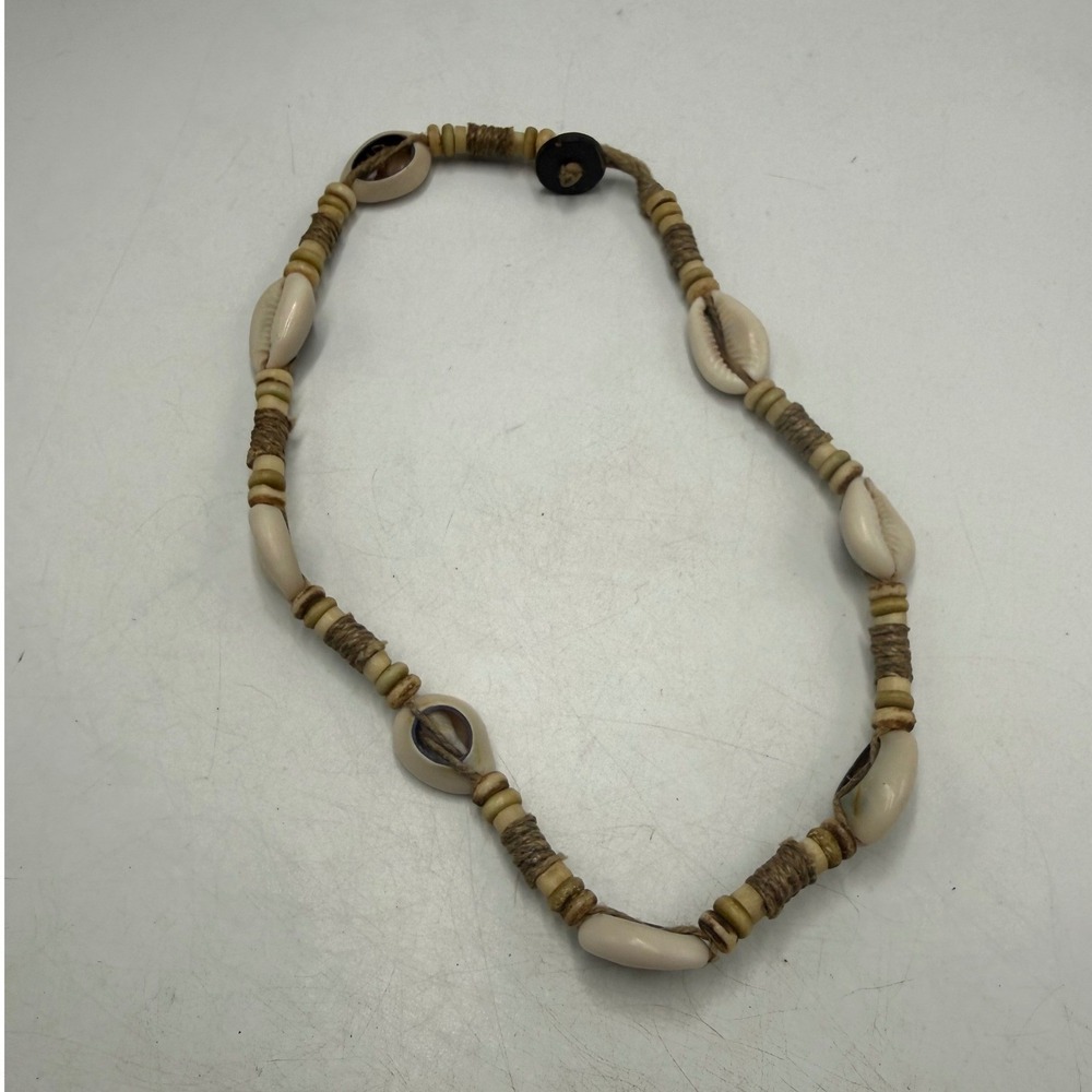 Vintage Cowrie Shell Choker Necklace Boho Beach Wood Bead Twine Cord 17 Inch